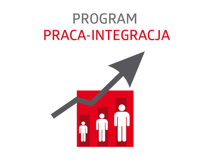Baner - napis Praca Integracja, piktogram postacie na tle czerwonego kwadratu ze strzałką w górę